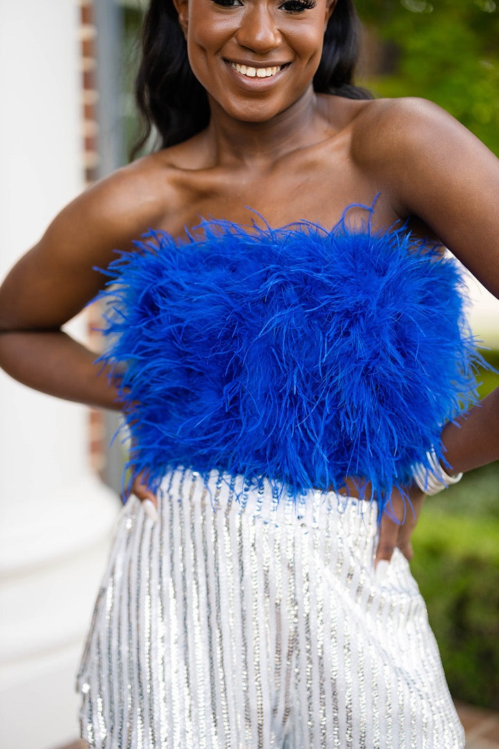 BuddyLove Fancy Strapless Feather Crop Top in Royal Blue available at Barbara Katz