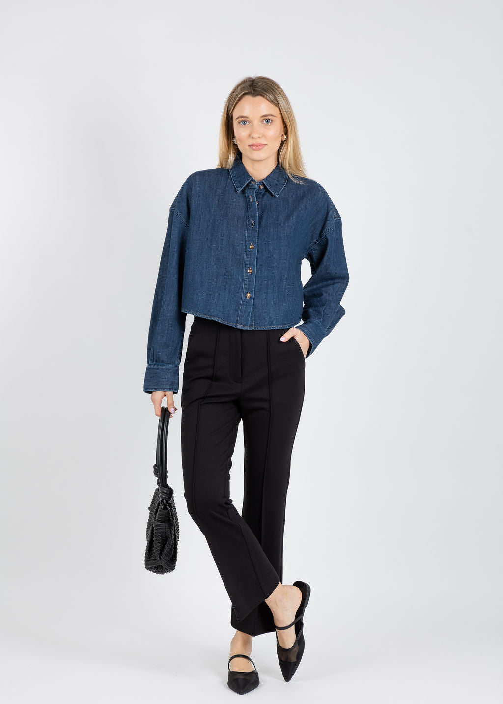 Favorite Daughter The Crop Ex-Boyfriend Shirt in Mesa paired with Favorite Daughter The Alissa Pant in Black available at Barbara Katz