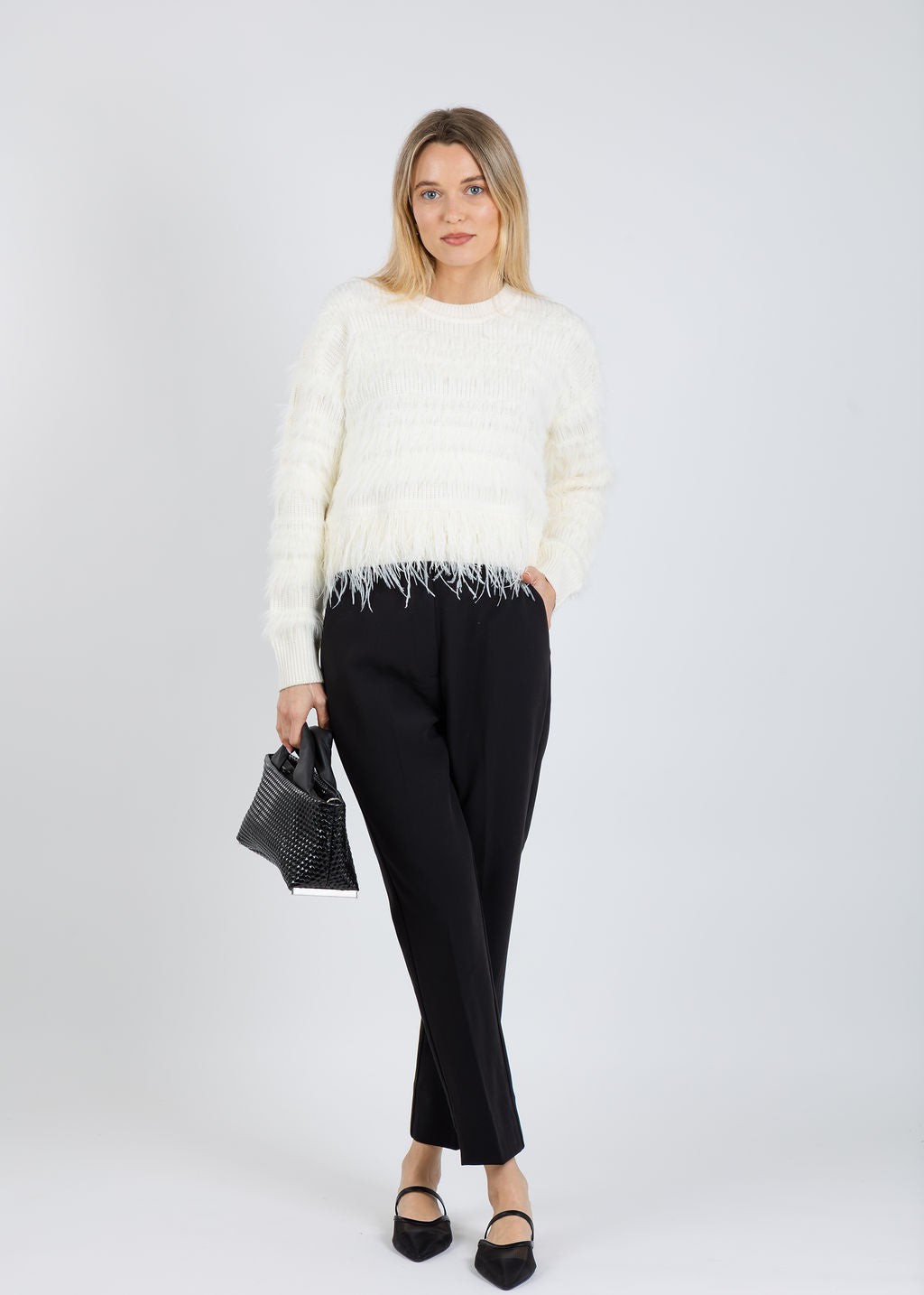Cinq a Sept Vivica Cardigan in Ivory paired with Favorite Daughter The Favorite Cigarette Pant in Black available at Barbara Katz