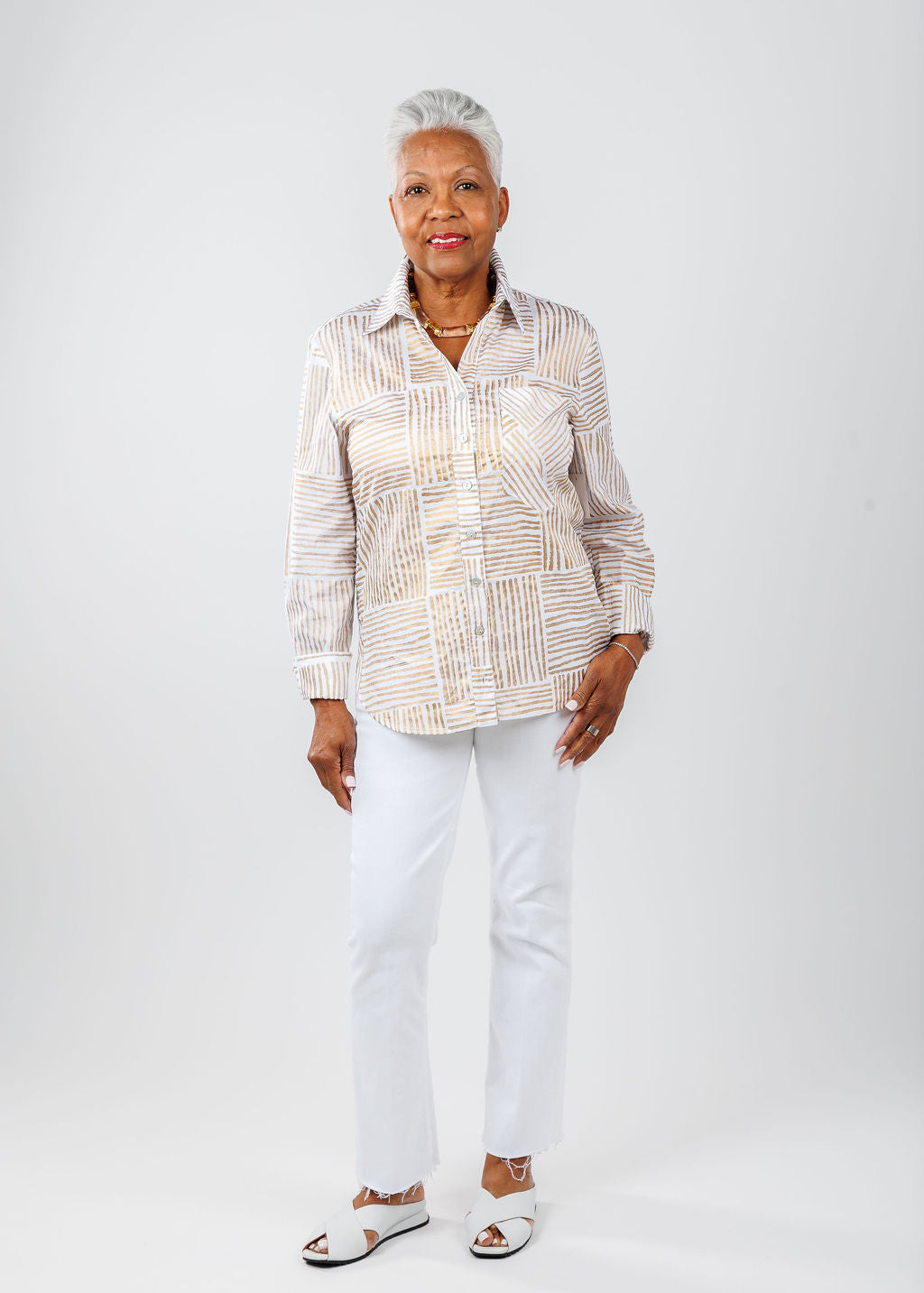 Finley Andie Mended Block Stripe Boyfriend Shirt in Gold paired with MOTHER The Hustler Ankle Fray Jeans in Fairest of Them All available at Barbara Katz