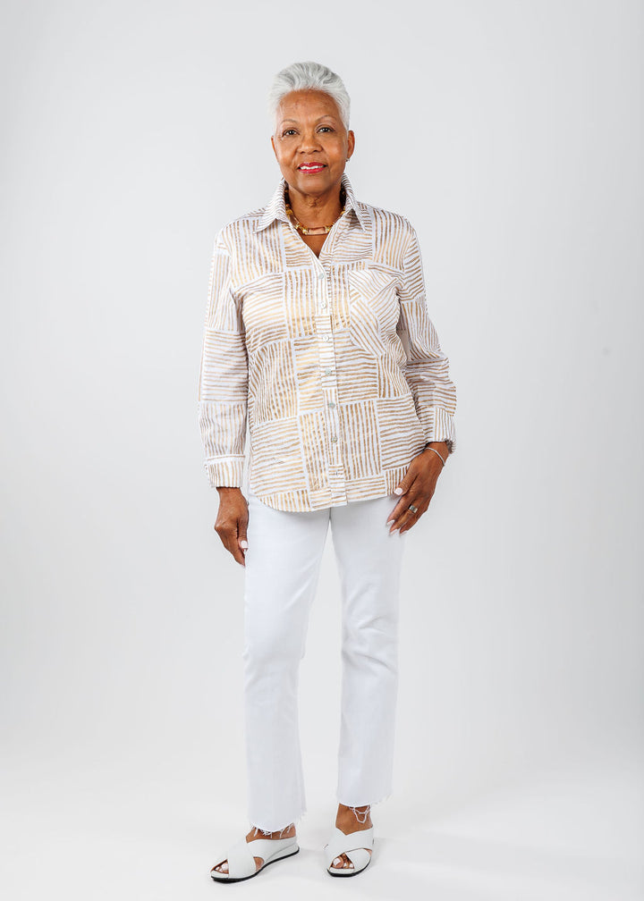Finley Andie Mended Block Stripe Boyfriend Shirt in Gold paired with MOTHER The Hustler Ankle Fray Jeans in Fairest of Them All available at Barbara Katz