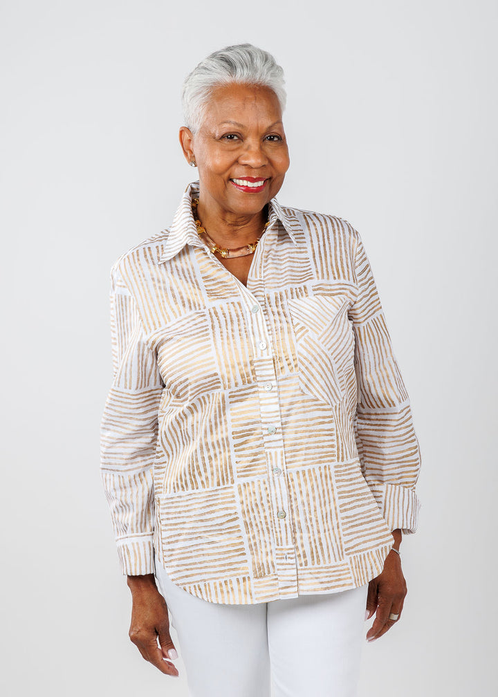 Finley Andie Mended Block Stripe Boyfriend Shirt in Gold available at Barbara Katz