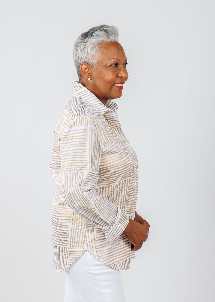 Finley Andie Mended Block Stripe Boyfriend Shirt in Gold available at Barbara Katz