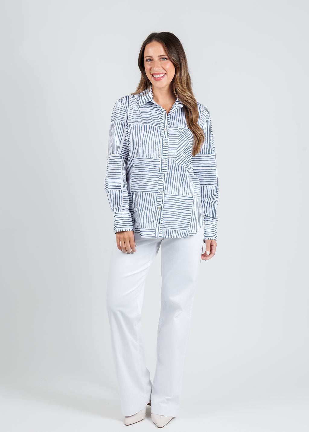 Finley Andie Mended Block Stripe Boyfriend Shirt in Navy paired with MAC Dream Wide Wonderlight Jeans in White available at Barbara Katz
