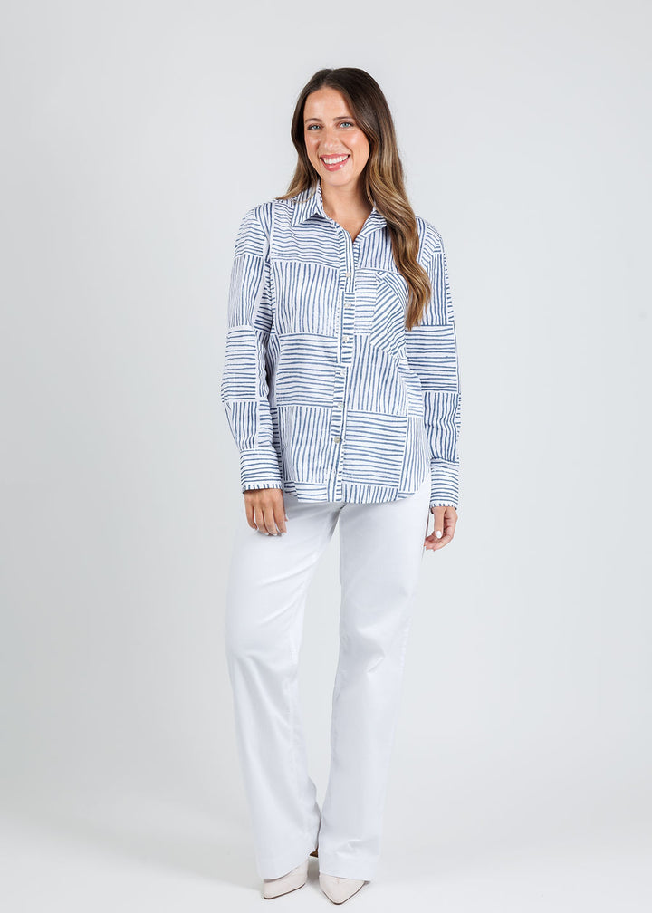 Finley Andie Mended Block Stripe Boyfriend Shirt in Navy paired with MAC Dream Wide Wonderlight Jeans in White available at Barbara Katz