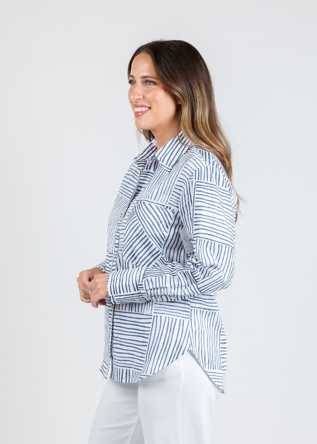 Finley Andie Long Sleeve Mended Block Stripe Boyfriend Shirt in Navy available at Barbara Katz