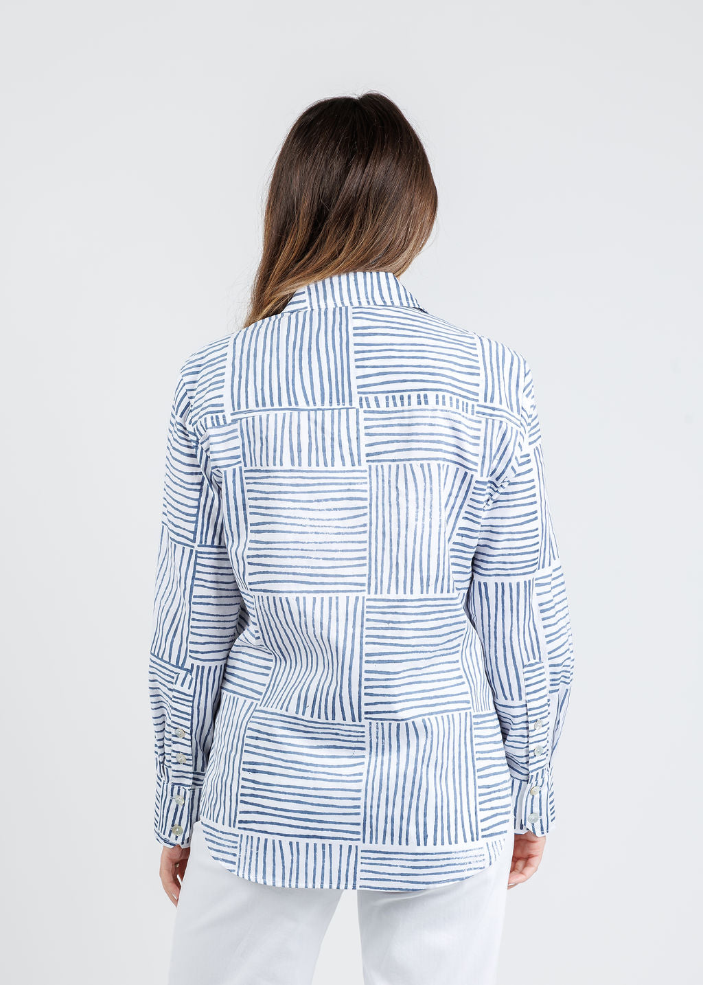 Finley Andie Mended Block Stripe Boyfriend Shirt in Navy available at Barbara Katz