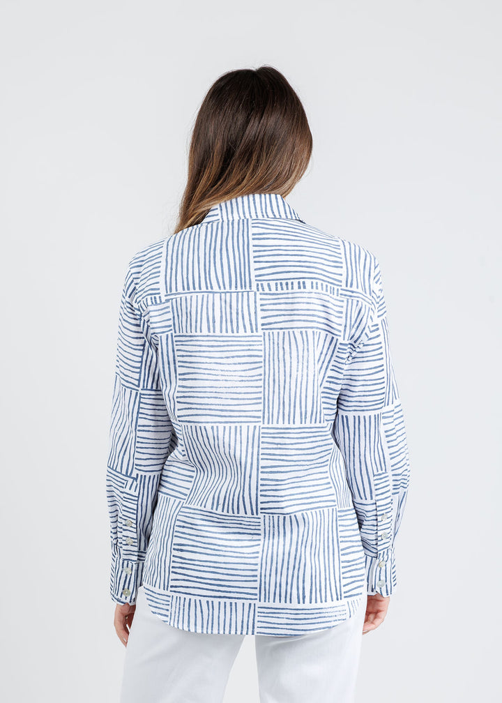 Finley Andie Mended Block Stripe Boyfriend Shirt in Navy available at Barbara Katz