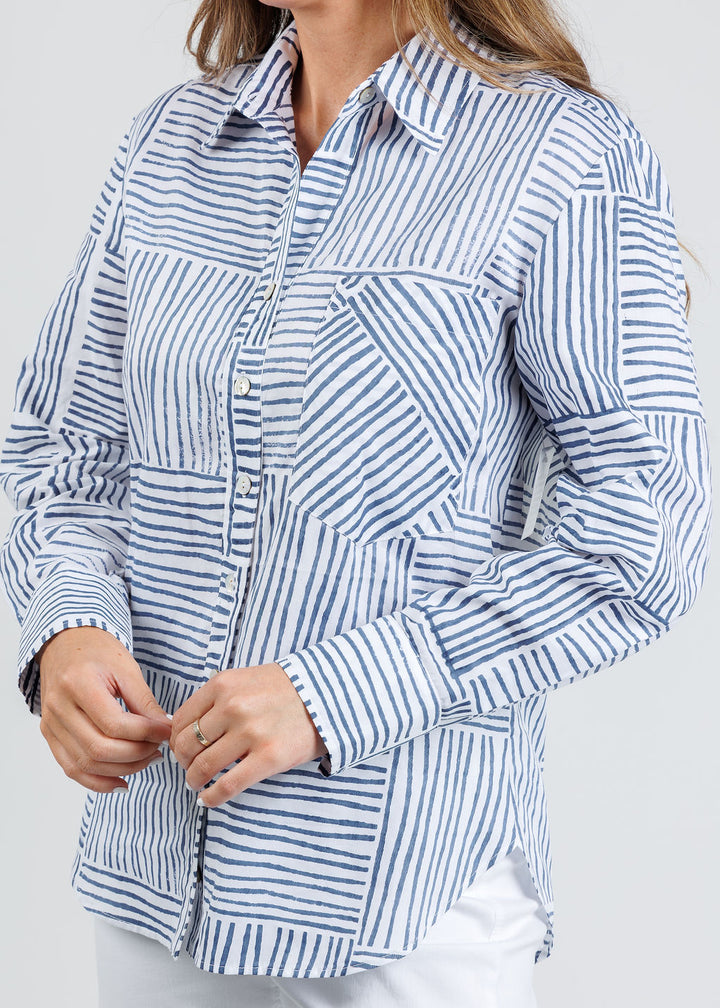 Finley Andie Mended Block Stripe Boyfriend Shirt in Navy available at Barbara Katz
