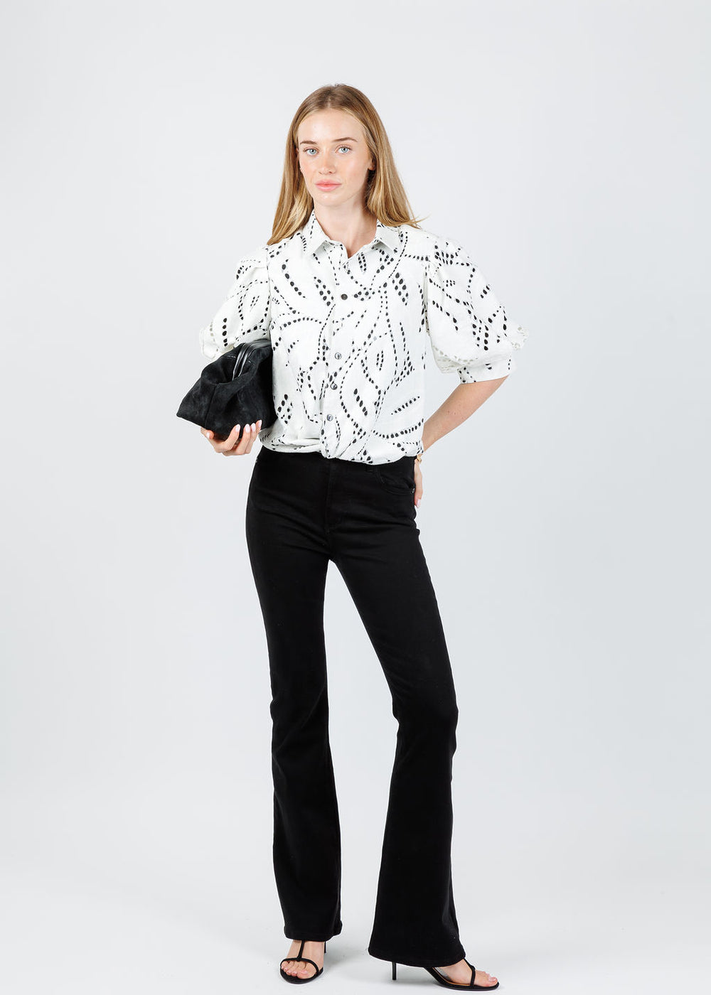 Finley Bomba Chunky Lace Shirt in Ivory paired with Citizens of Humanity Lilah High Rise Bootcut 32.5" in Black available at Barbara Katz