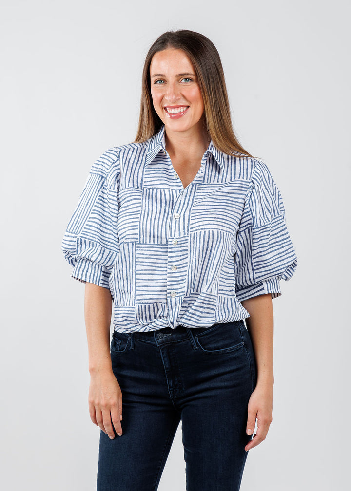 Finley Bomba Mended Block Stripe Shirt in Navy available at Barbara Katz