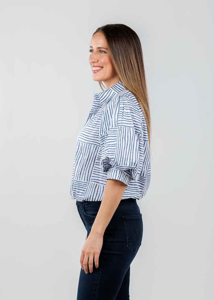 Finley Bomba Mended Block Stripe Shirt in Navy available at Barbara Katz