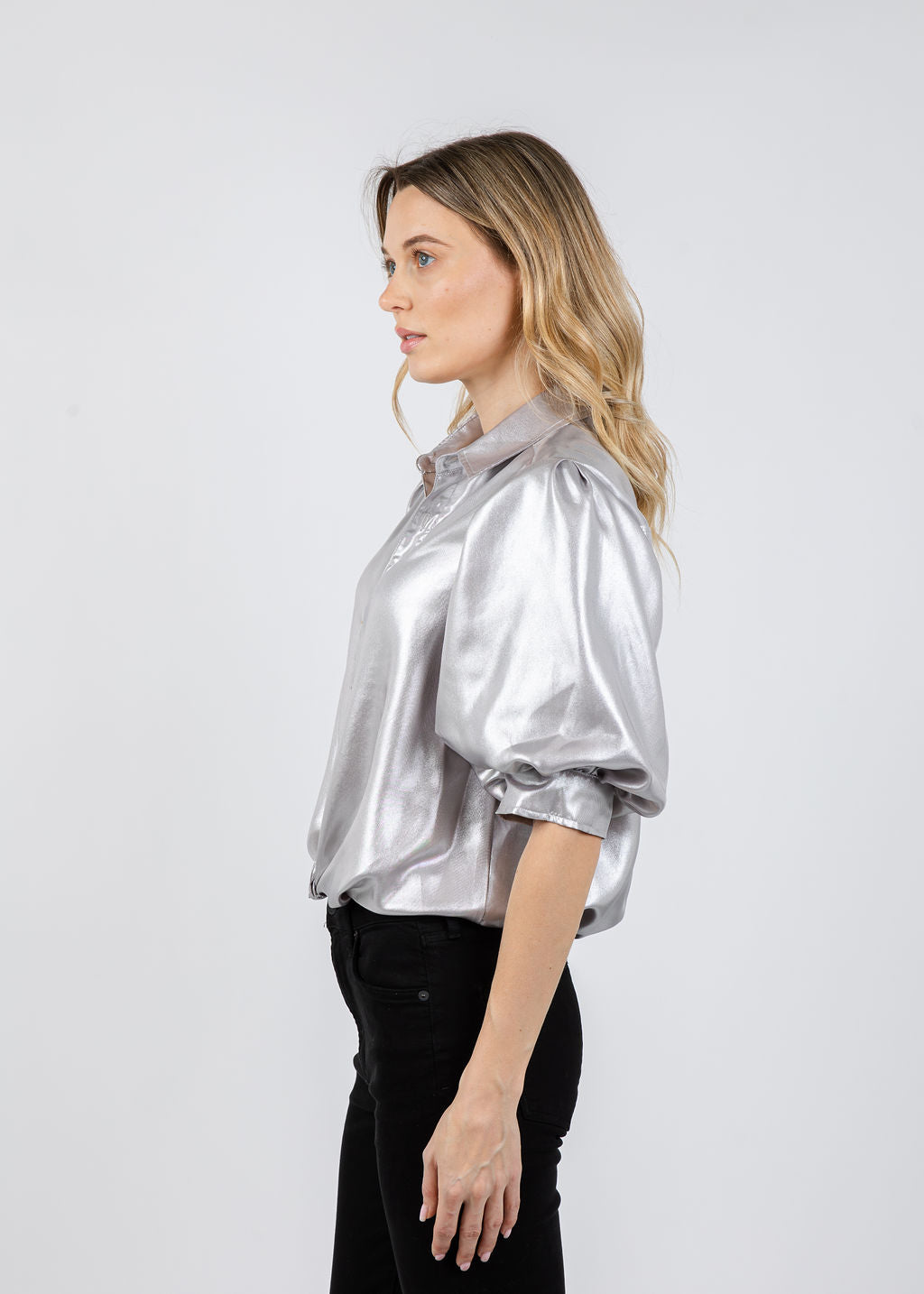 Finley Bomba Shirt in Liquid Silver available at Barbara Katz