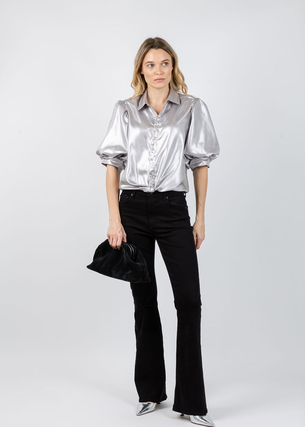 Finley Bomba Shirt in Liquid Silver available at Barbara Katz