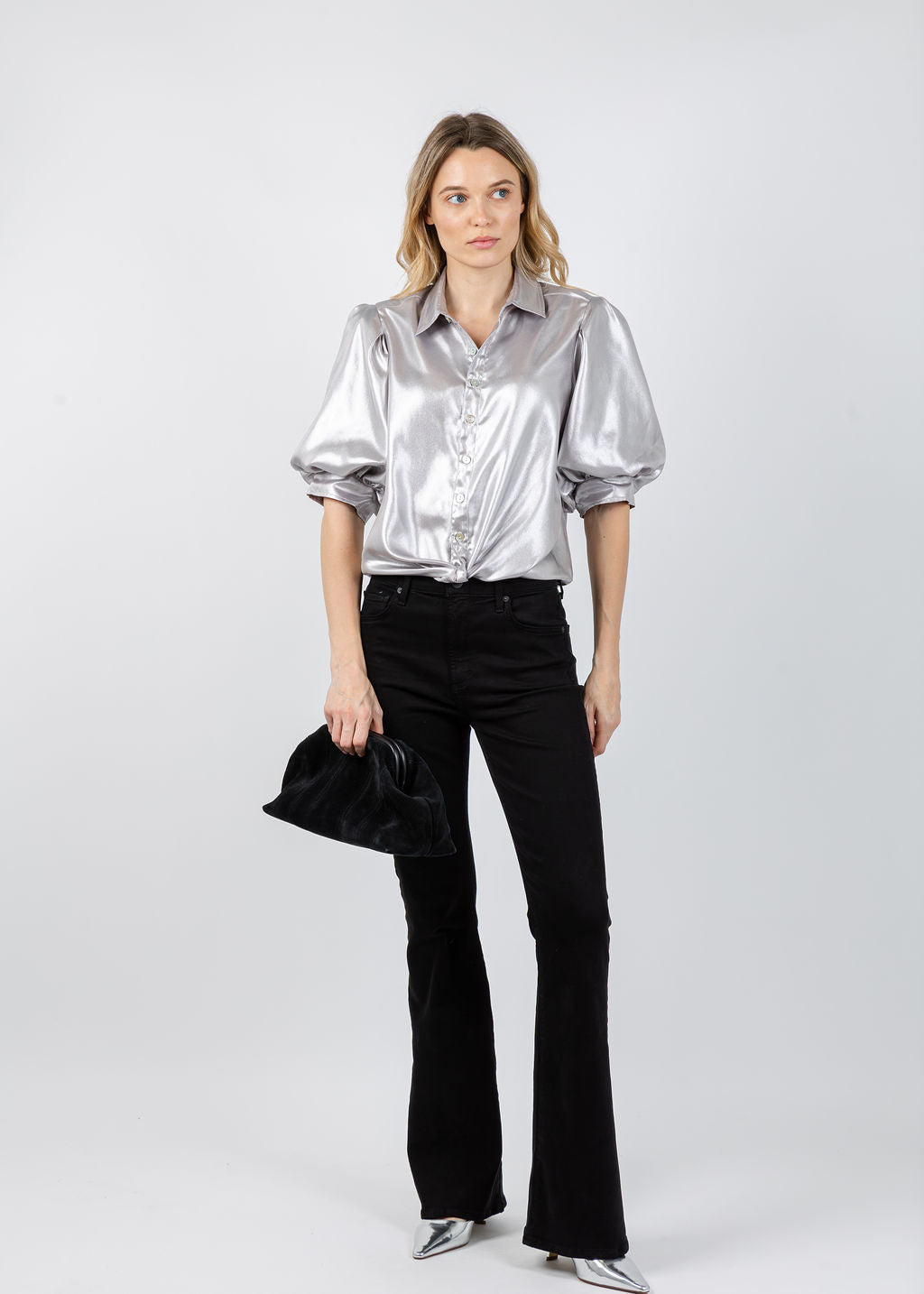 Finley Bomba Shirt in Liquid Silver available at Barbara Katz