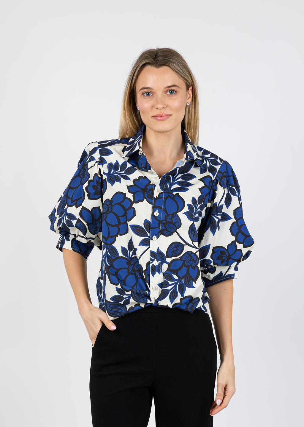 Finley Bomba Shirt in Navy Roses available at Barbara Katz