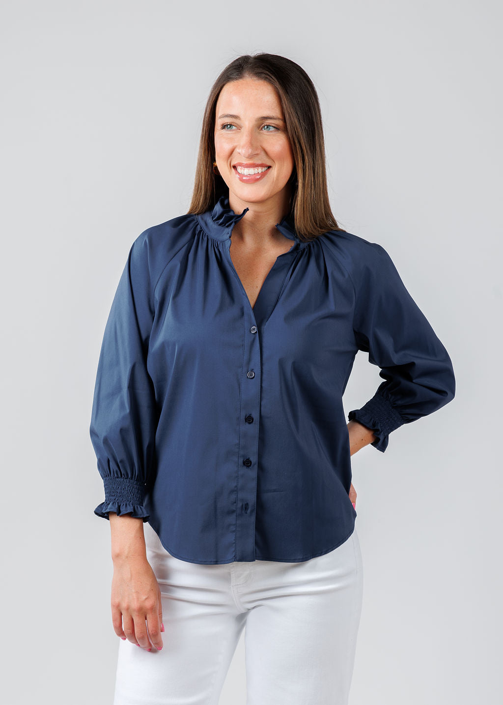 Finley Fiona Solid Silky Poplin Shirt in Navy available at Barbara Katz