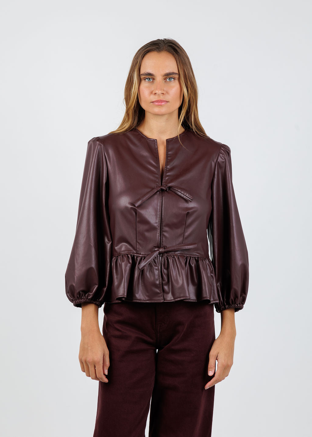 Finley Luna Vegan Leather Top in Wine available at Barbara Katz