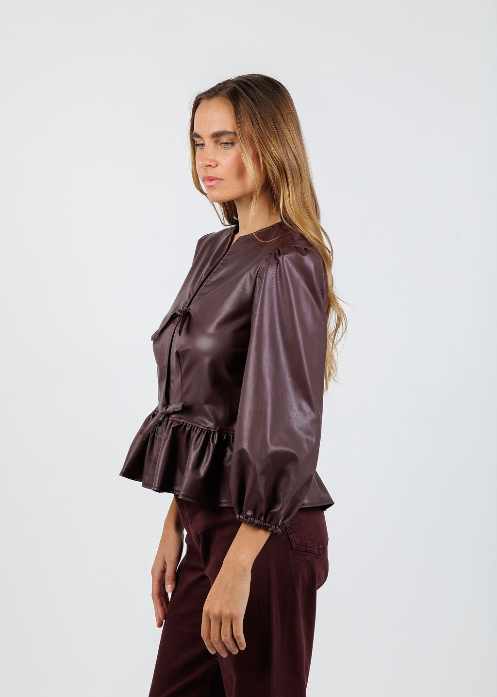 Finley Luna Vegan Leather Top in Wine available at Barbara Katz