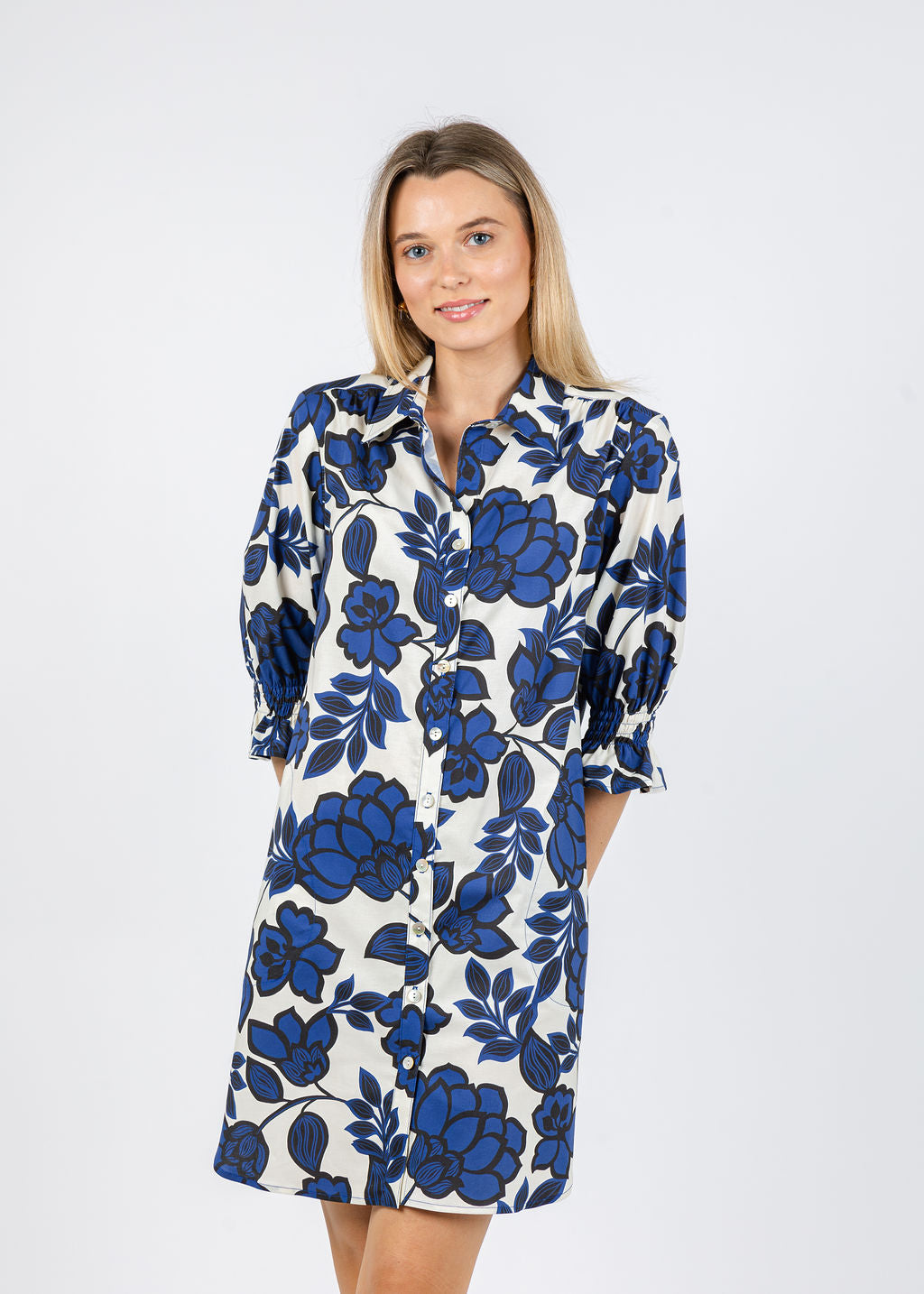 Finley Miller Puff Sleeve Shirt Dress in Navy Roses available at Barbara Katz