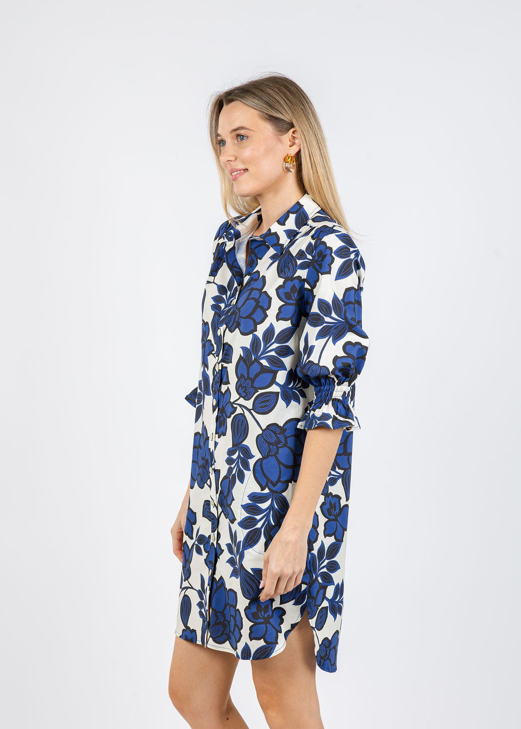 Finley Miller Puff Sleeve Shirt Dress in Navy Roses available at Barbara Katz