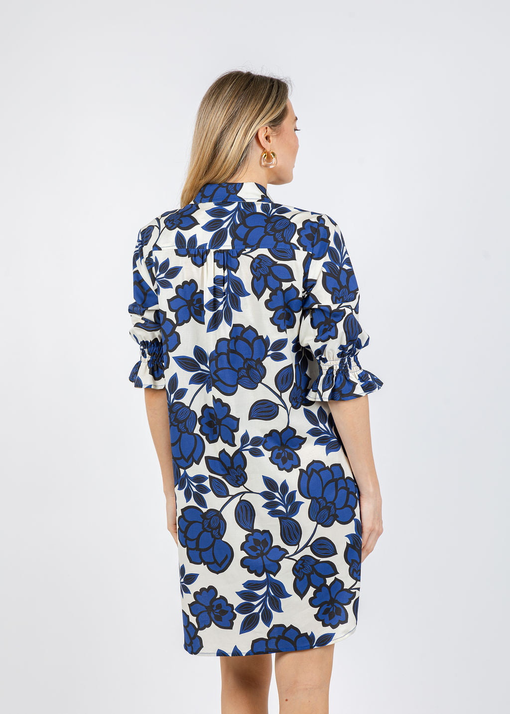 Finley Miller Puff Sleeve Shirt Dress in Navy Roses available at Barbara Katz