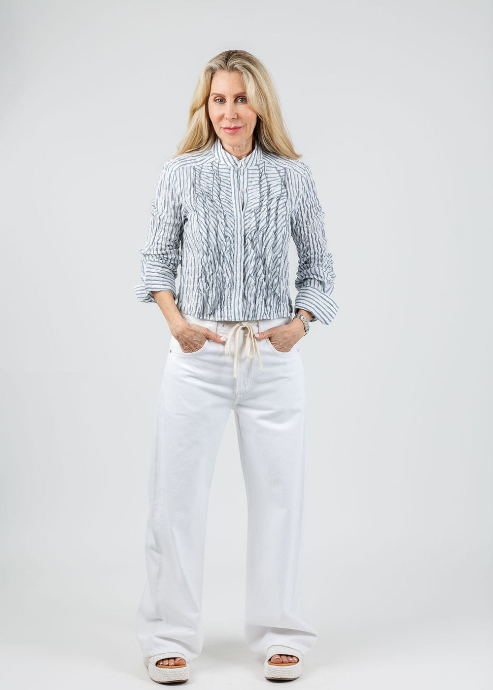 Finley Raffele Textured Stripe Ruffle Shirt in Navy/White paired with Brynn Drawstring Trousers in White  available at Barbara Katz