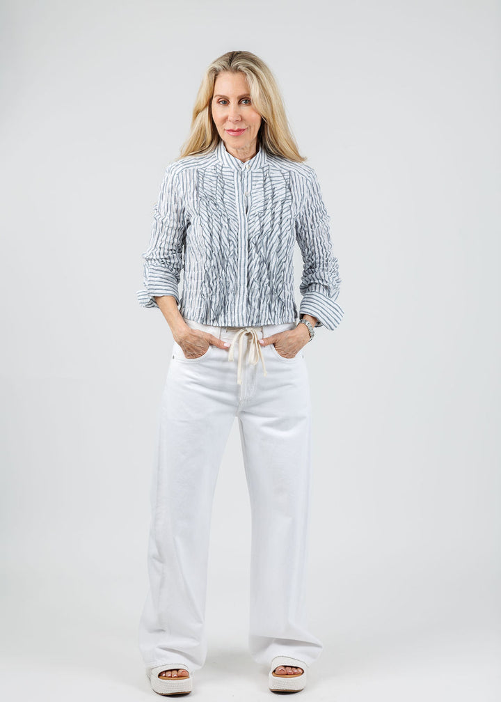 Finley Raffele Textured Stripe Ruffle Shirt in Navy/White paired with Brynn Drawstring Trousers in White  available at Barbara Katz