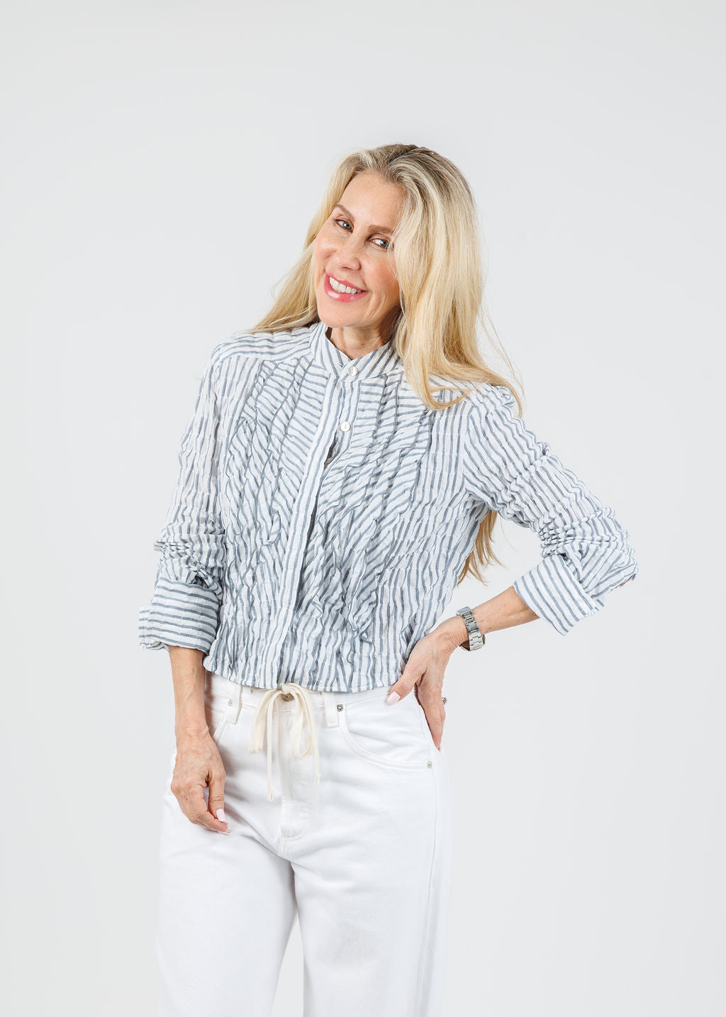Finley Raffele Textured Stripe Ruffle Shirt in Navy/White available at Barbara Katz