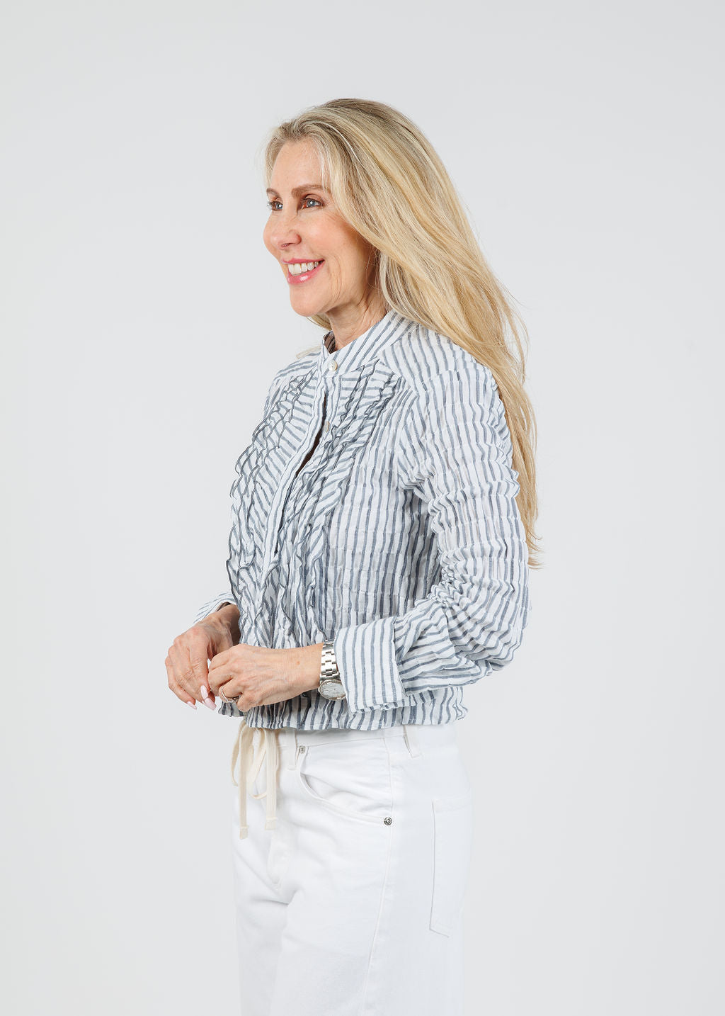 Finley Raffele Textured Stripe Ruffle Shirt in Navy/White available at Barbara Katz