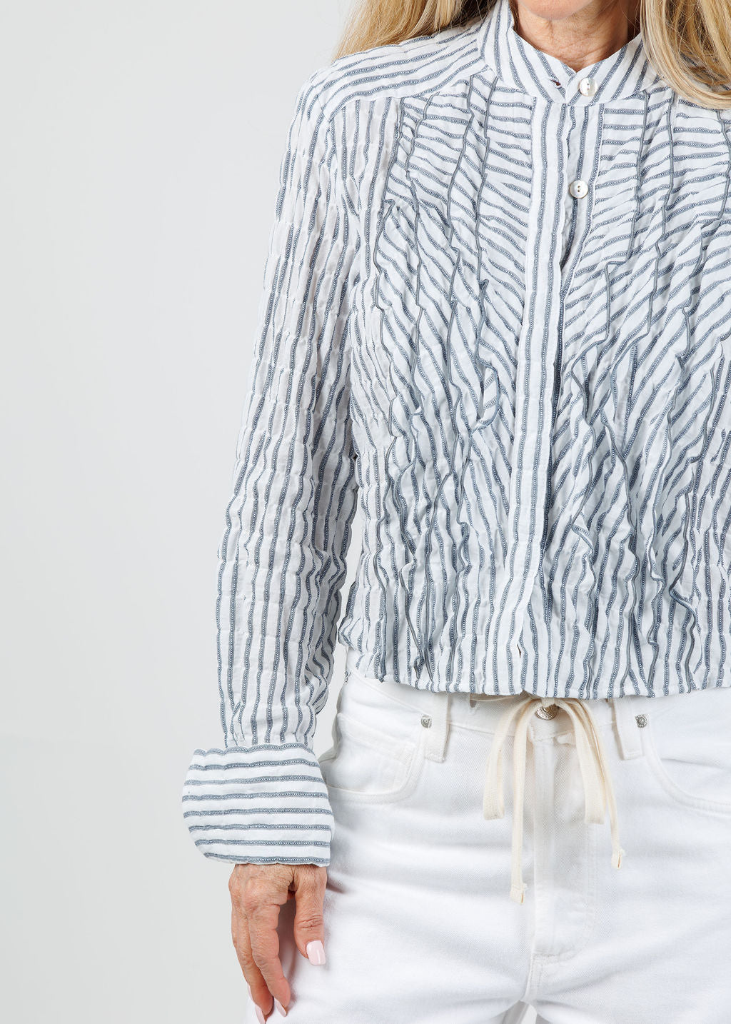 Finley Raffele Textured Stripe Ruffle Shirt in Navy/White available at Barbara Katz