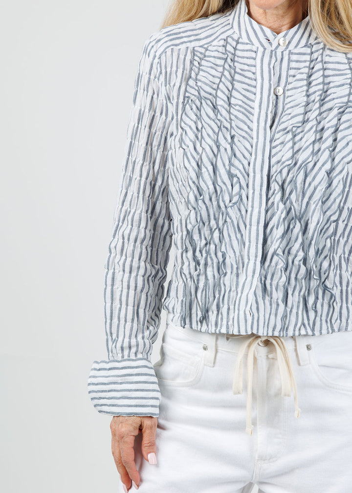 Finley Raffele Textured Stripe Ruffle Shirt in Navy/White available at Barbara Katz