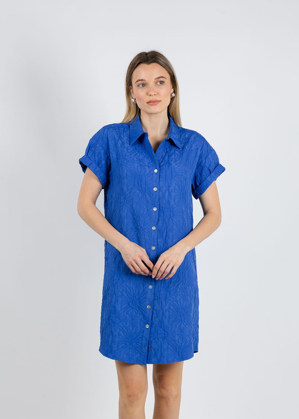 Finley Roll Sleeve Camp Dress Textured Jacquard in Royal Blue available at Barbara Katz