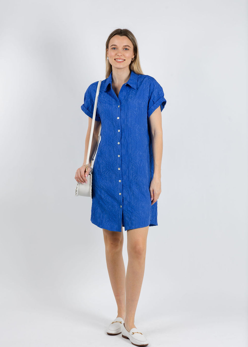 Finley Roll Sleeve Camp Dress Textured Jacquard in Royal Blue available at Barbara Katz
