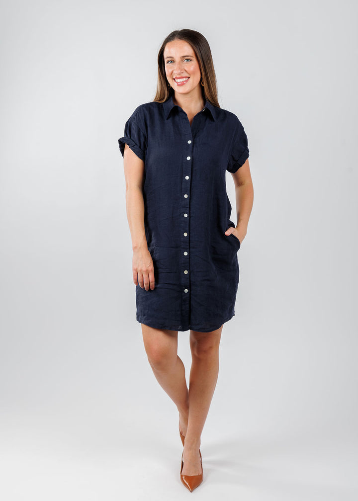 Finley Roll Sleeve Washed Linen Camp Dress in Navy available at Barbara Katz