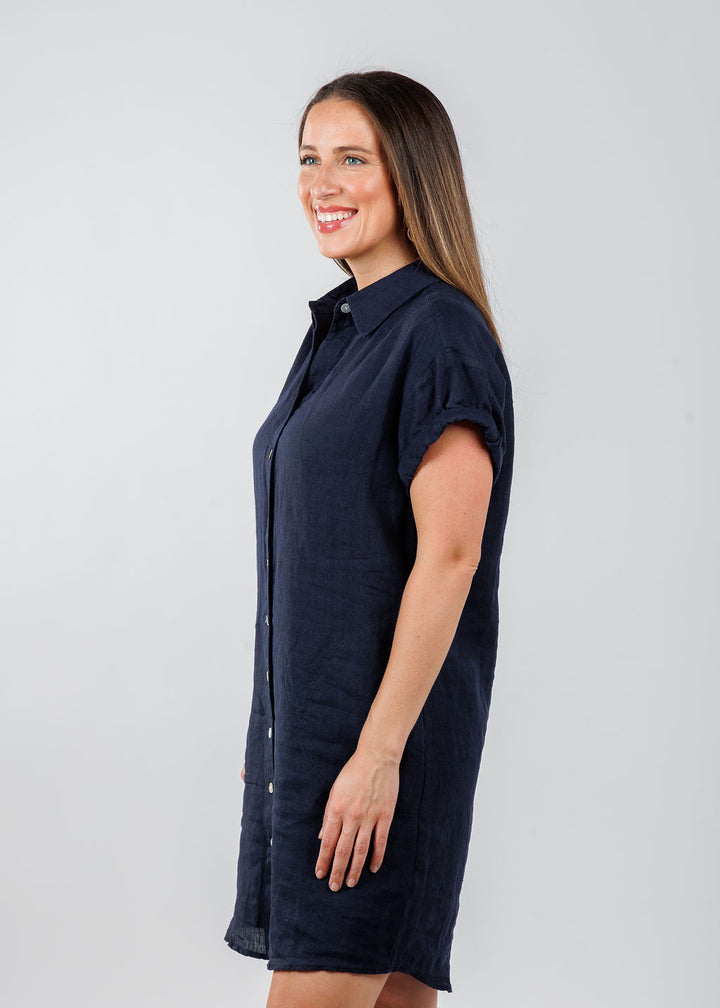 Finley Roll Sleeve Washed Linen Camp Dress in Navy available at Barbara Katz
