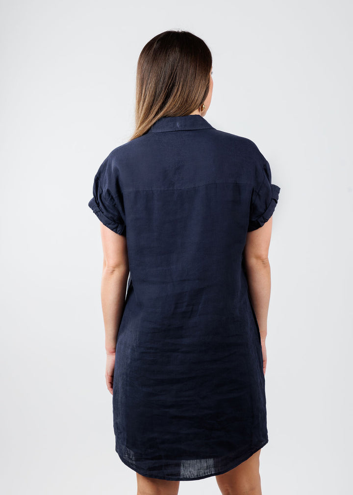 Finley Roll Sleeve Washed Linen Camp Dress in Navy available at Barbara Katz