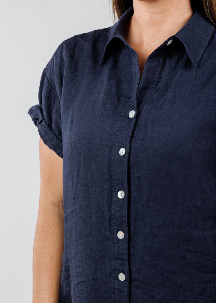 Finley Roll Sleeve Washed Linen Camp Dress in Navy available at Barbara Katz