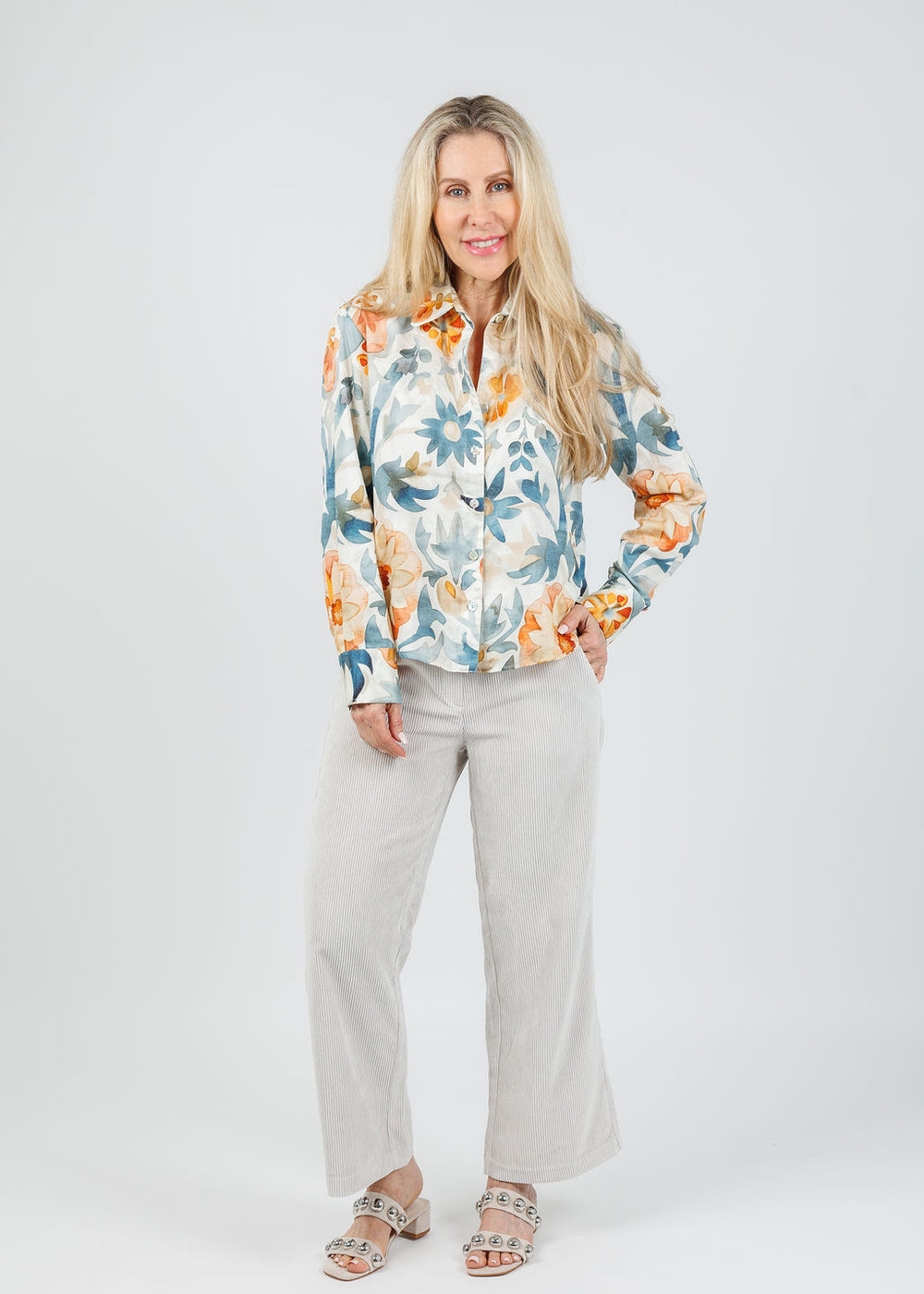 Finley Andie Terra Floral Crop Shirt in Natural/Teal available at Barbara Katz