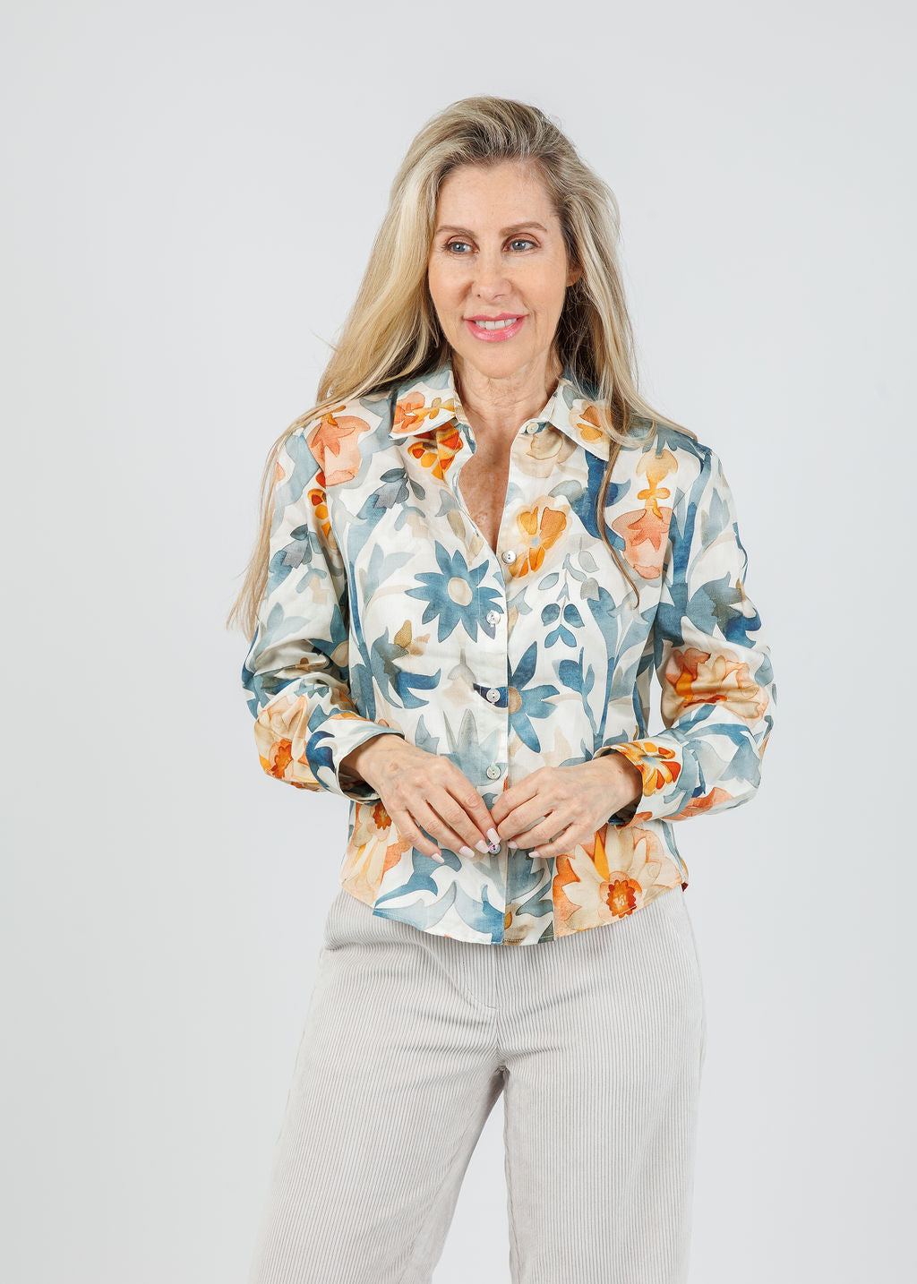 Finley Andie Terra Floral Crop Shirt in Natural/Teal available at Barbara Katz
