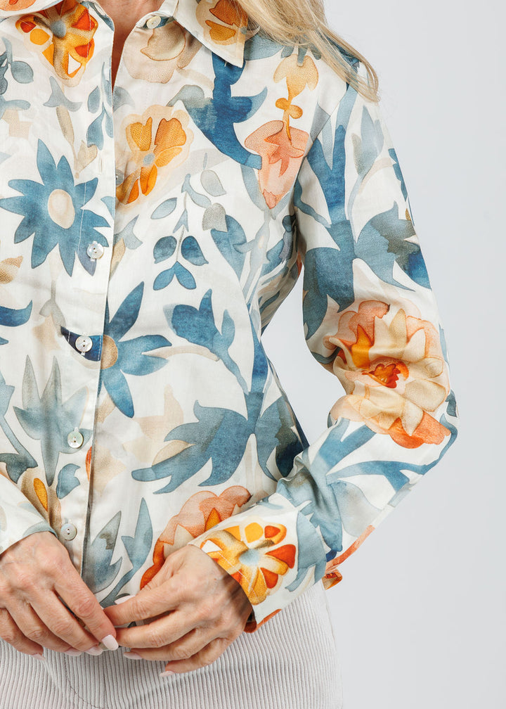 Finley Andie Terra Floral Crop Shirt in Natural/Teal available at Barbara Katz