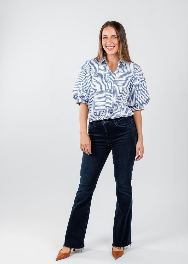 Finley Bomba Mended Block Stripe Shirt in Navy paired with Mother The Weekender Fray Jeans in Chip On My Shoulder available at Barbara Katz