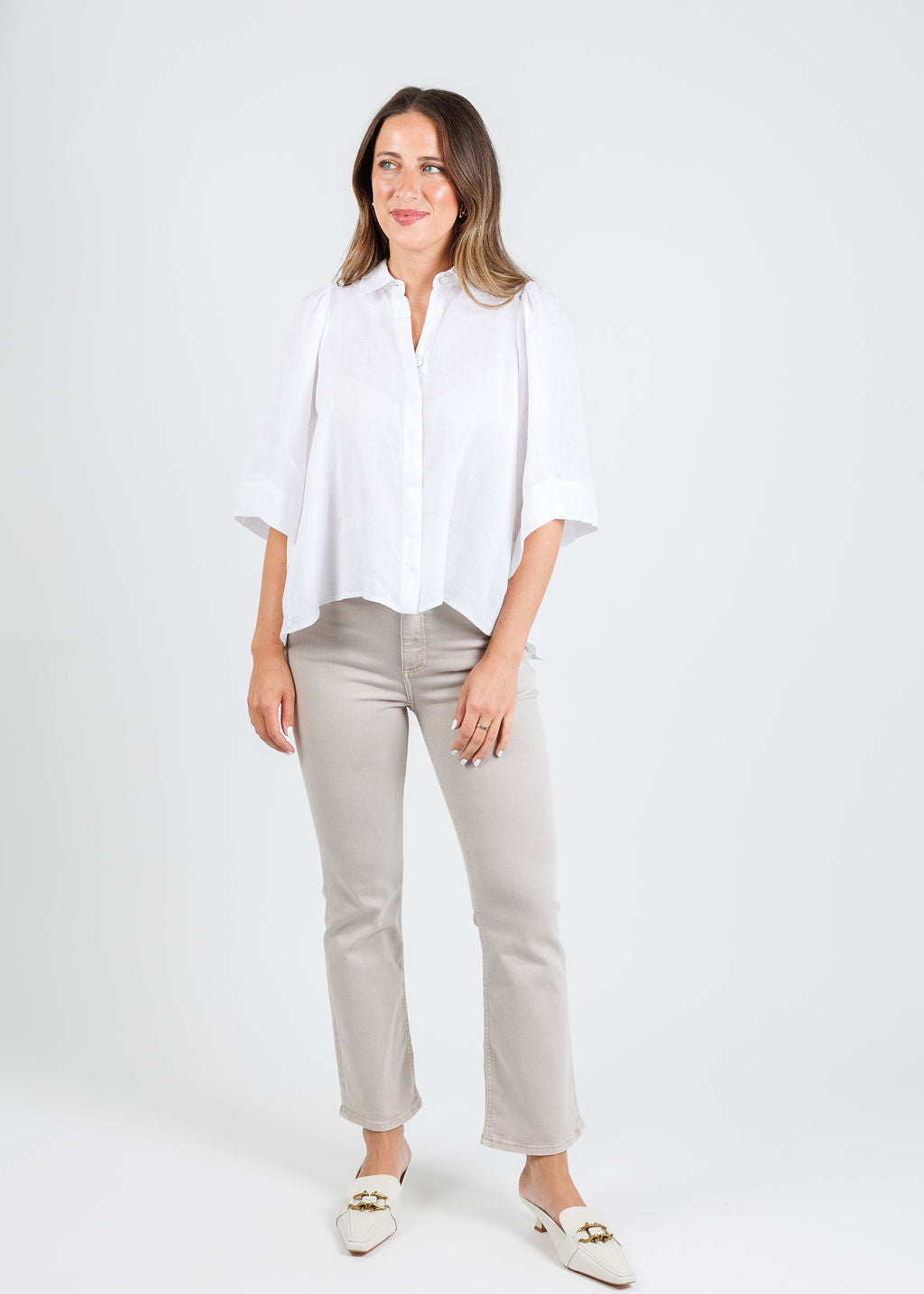 Finley Collin Cape Washed Linen Shirt in White paired with Pistola Lennon Crop Flare Jeans in Stone available at Barbara Katz