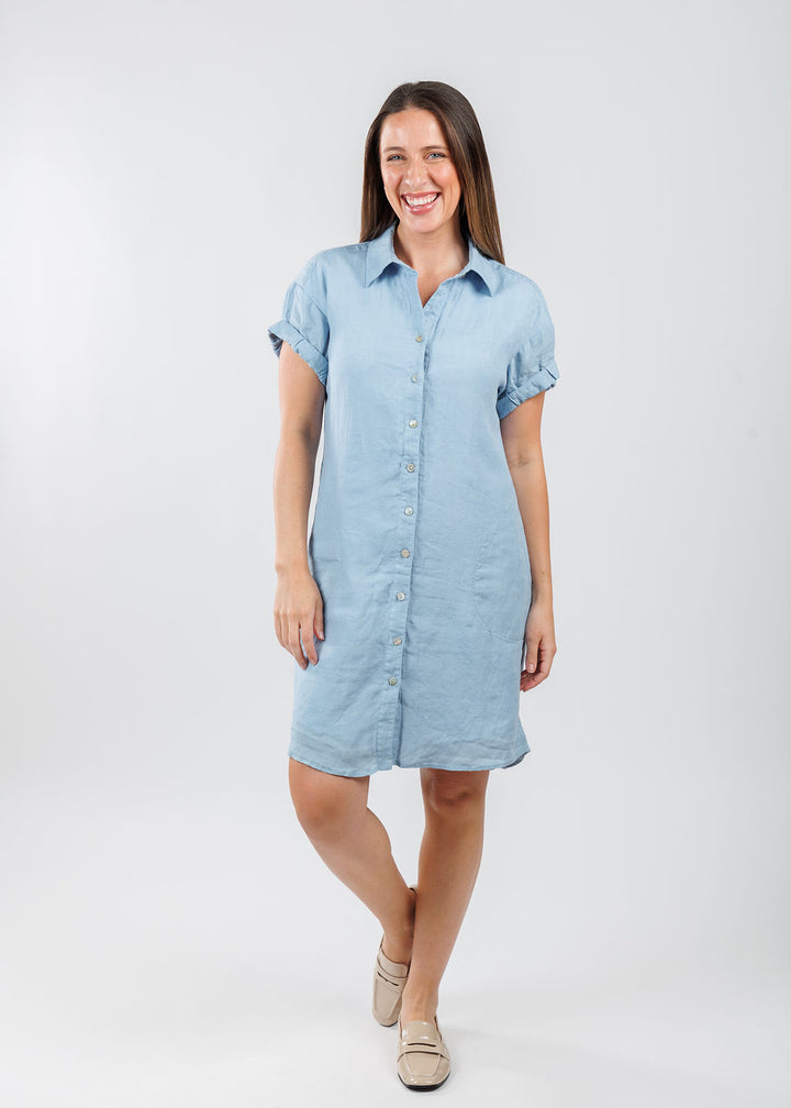Finley Roll Sleeve Washed Linen Camp Dress in Fresh Blue available at Barbara Katz