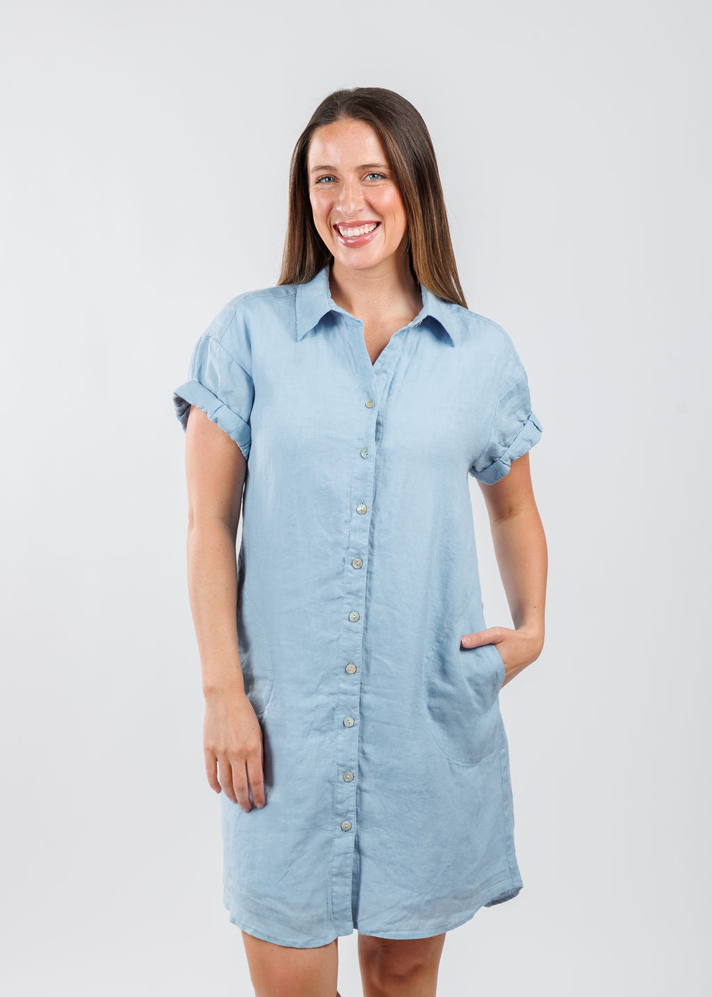 Finley Roll Sleeve Washed Linen Camp Dress in Fresh Blue available at Barbara Katz