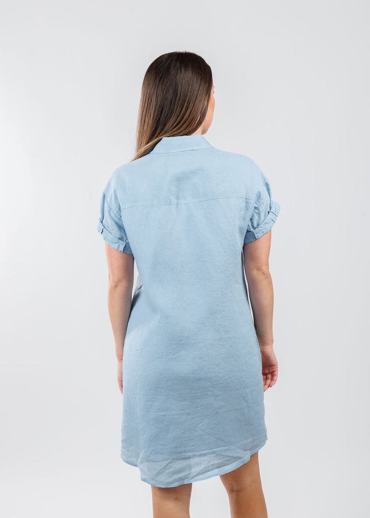Finley Roll Sleeve Washed Linen Camp Dress in Fresh Blue available at Barbara Katz