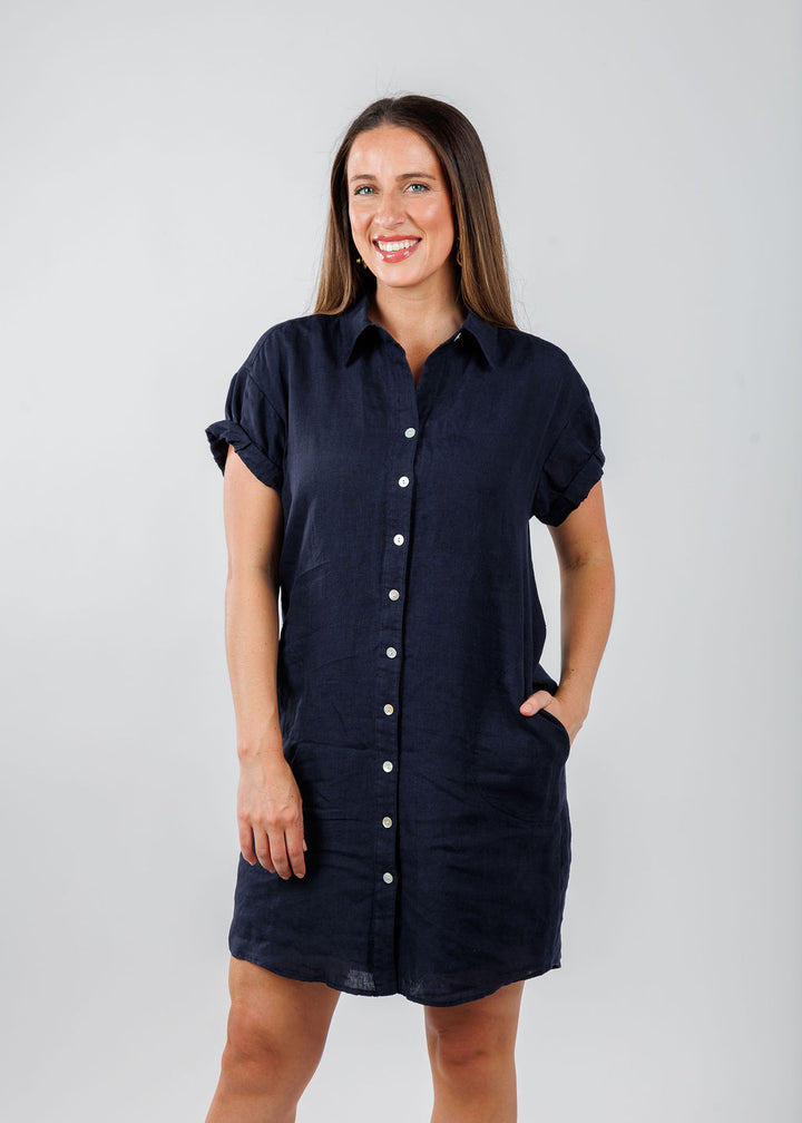 Finley Roll Sleeve Washed Linen Camp Dress in Navy available at Barbara Katz
