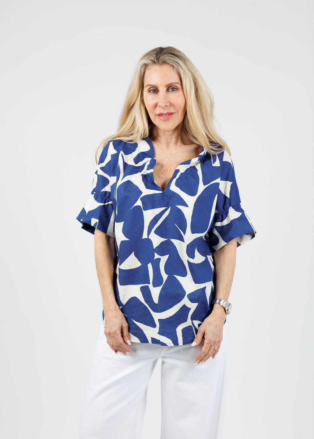 Finley Crosby Puzzle Print Top in Natural/Blue available at Barbara Katz