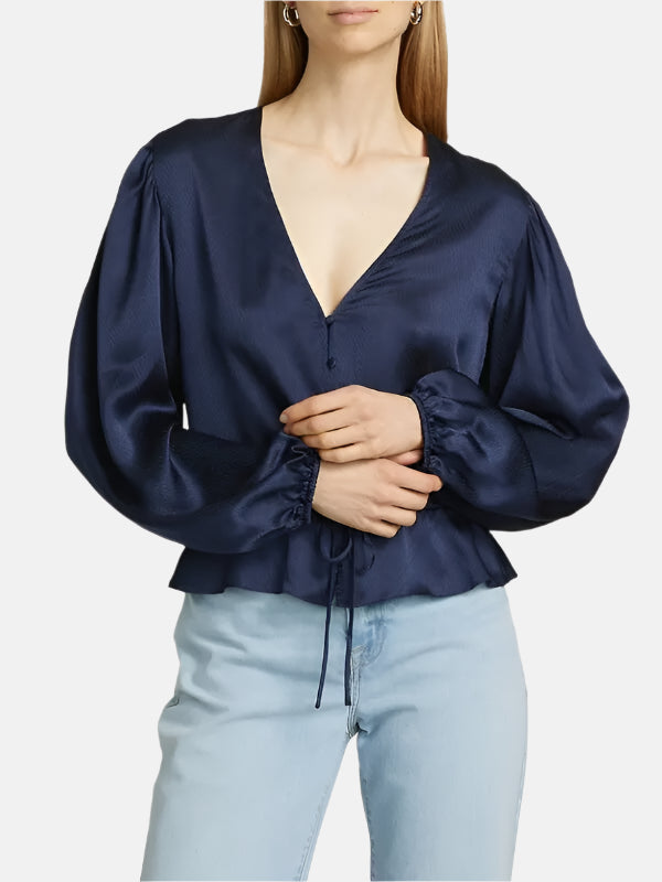 Frame Cinched V-Neck Blouse - Navy
