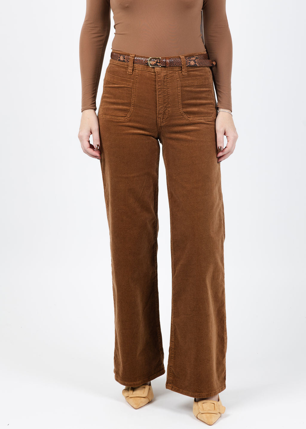 Frame Le Slim Palazzo Modernist Pocket Corduroy in Maple Brown available at Barbara Katz
